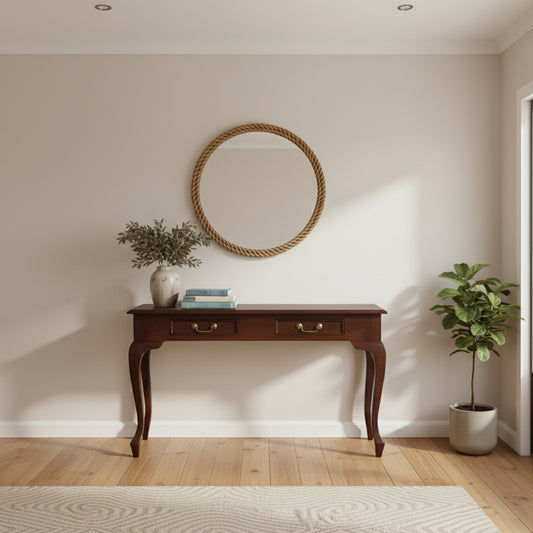STEWART QUEEN ANN STYLE SOLID MAHOGANY  CONSOLE TABLE/HALL TABLE 2 DRAWERS IN MAHOGANY COLOUR 120CM - MyChocolateWood
