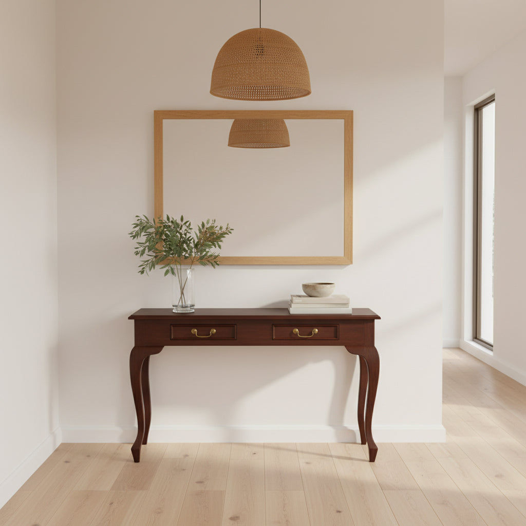 STEWART QUEEN ANN STYLE SOLID MAHOGANY  CONSOLE TABLE/HALL TABLE 2 DRAWERS IN MAHOGANY COLOUR 120CM - MyChocolateWood