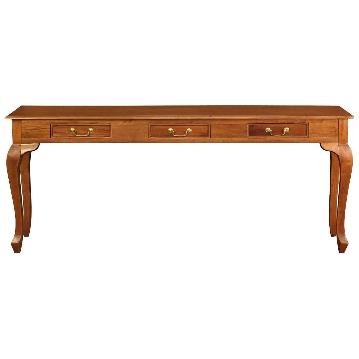 Stewart Queen Ann Style Solid Mahogany Console Table 3 Drawers 180cm in Light Pecan - Chocolate Wood