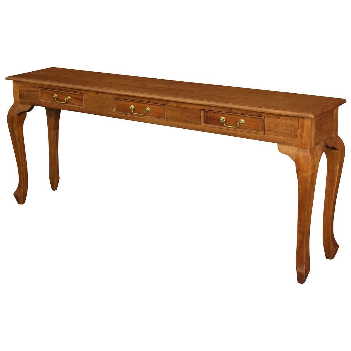 Stewart Queen Ann Style Solid Mahogany Console Table 3 Drawers 180cm in Light Pecan - Chocolate Wood