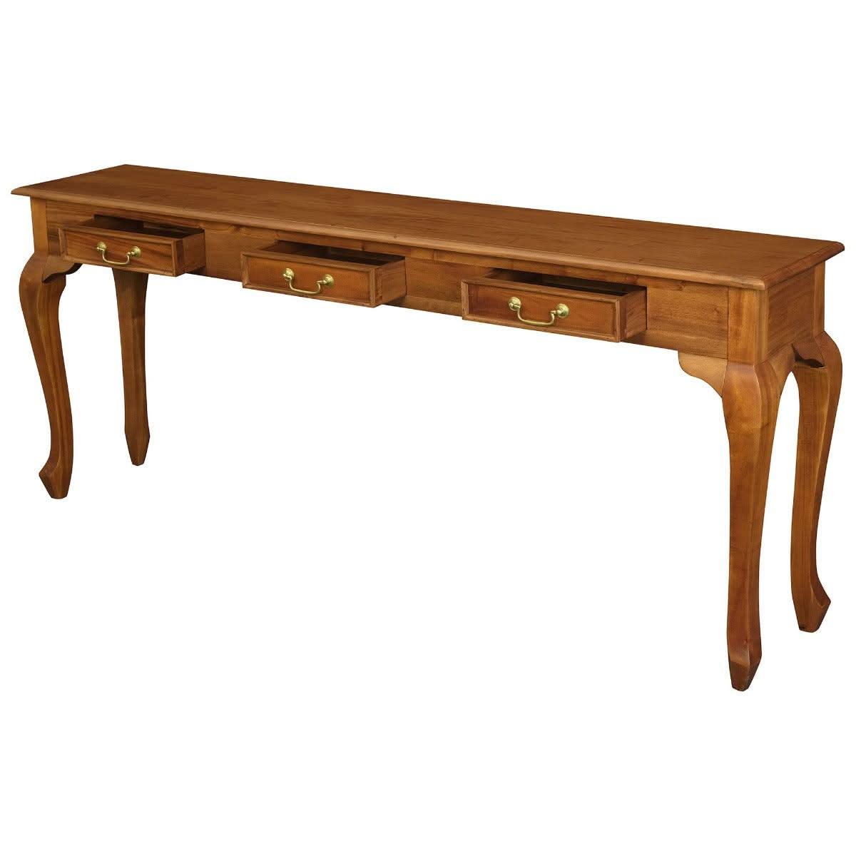Stewart Queen Ann Style Solid Mahogany Console Table 3 Drawers 180cm in Light Pecan - Chocolate Wood