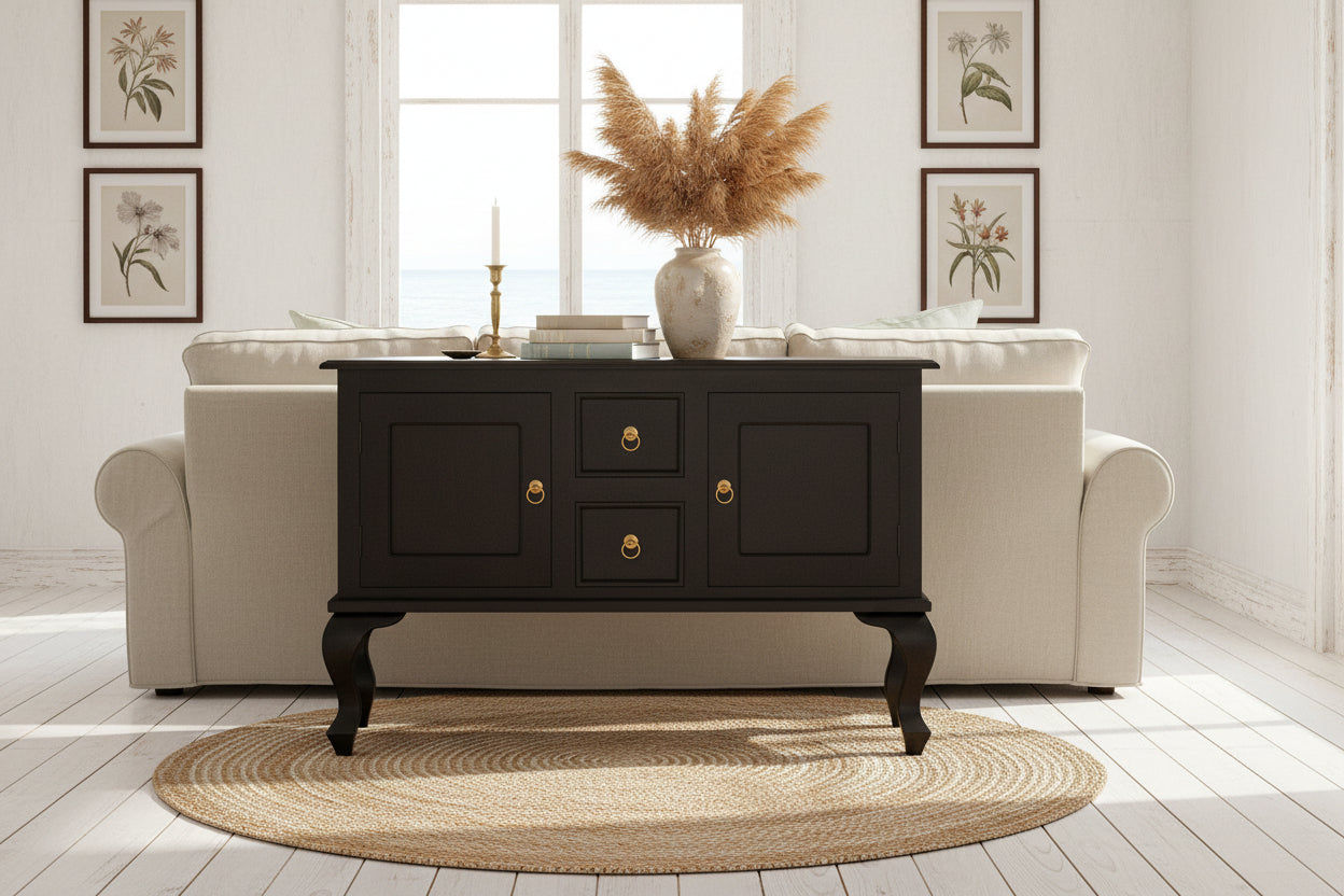 STEWART QUEEN ANN STYLE SOLID MAHOGANY SOFA TABLE 2 DOORS 2 DRAWERS CHOCOLATE 130CM - MyChocolateWood