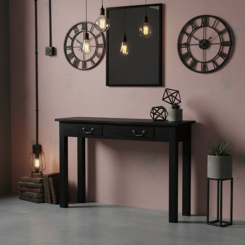 STRAIGHT LEG SOLID MAHOGANY TIMBER CONSOLE TABLE/ HALL TABLE WITH 2 DRAWERS IN BLACK 120CM - MyChocolateWood