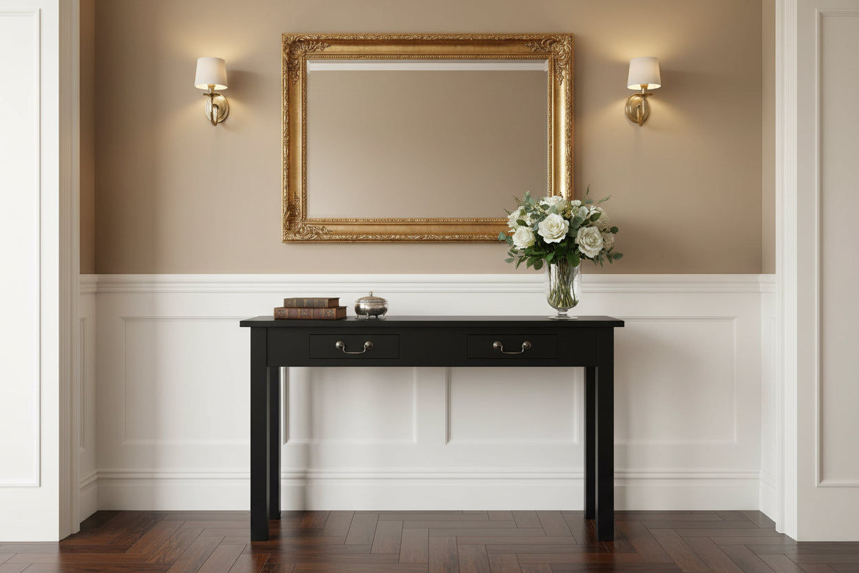 Straight Leg Solid Mahogany Console Table in Black drawers