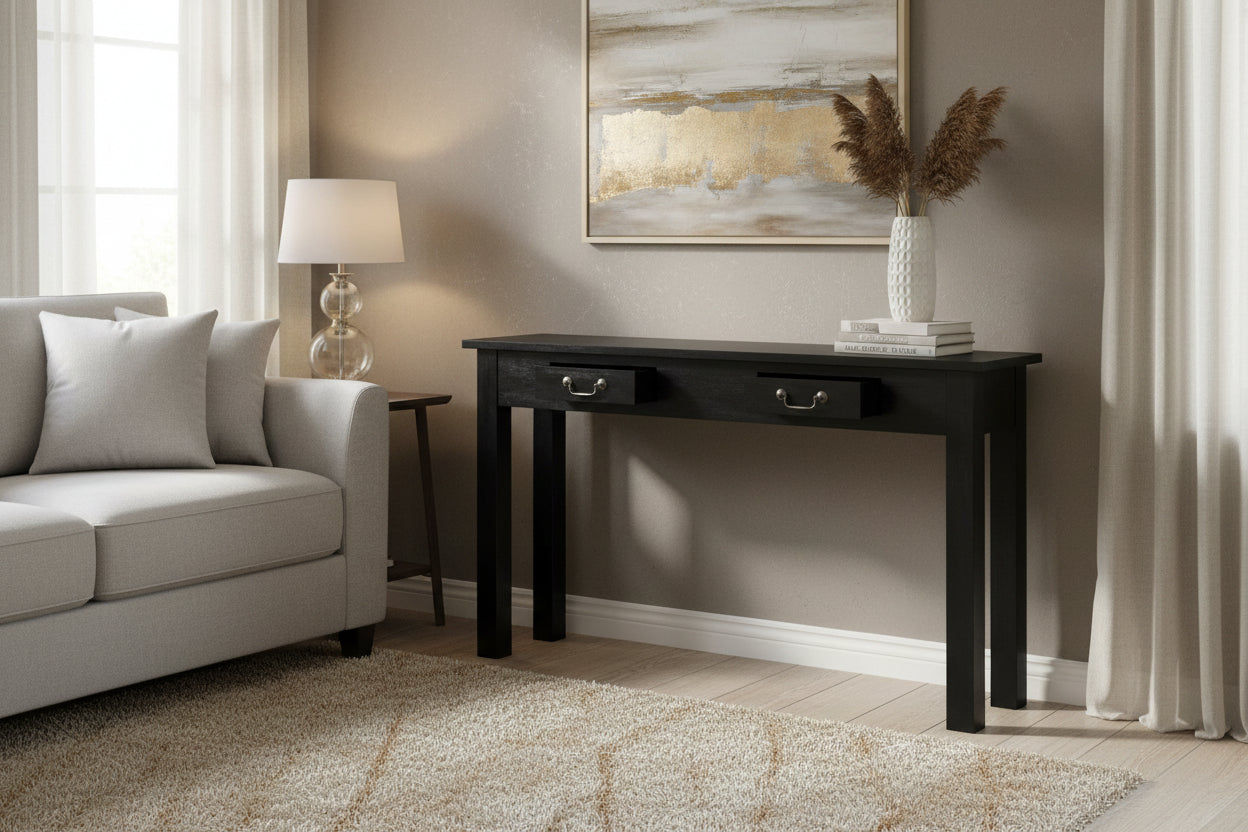 Straight Leg Solid Mahogany Console Table in Black styled