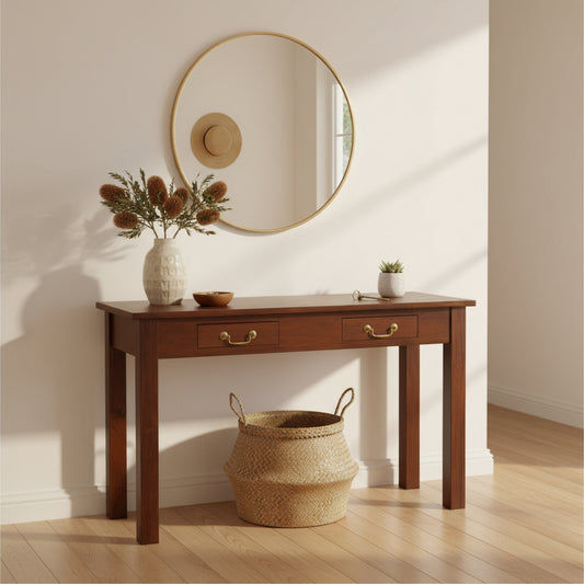 STRAIGHT LEG SOLID MAHOGANY TIMBER CONSOLE TABLE/HALL TABLE WITH 2 DRAWERS IN MAHOGANY COLOUR 120CM - MyChocolateWood