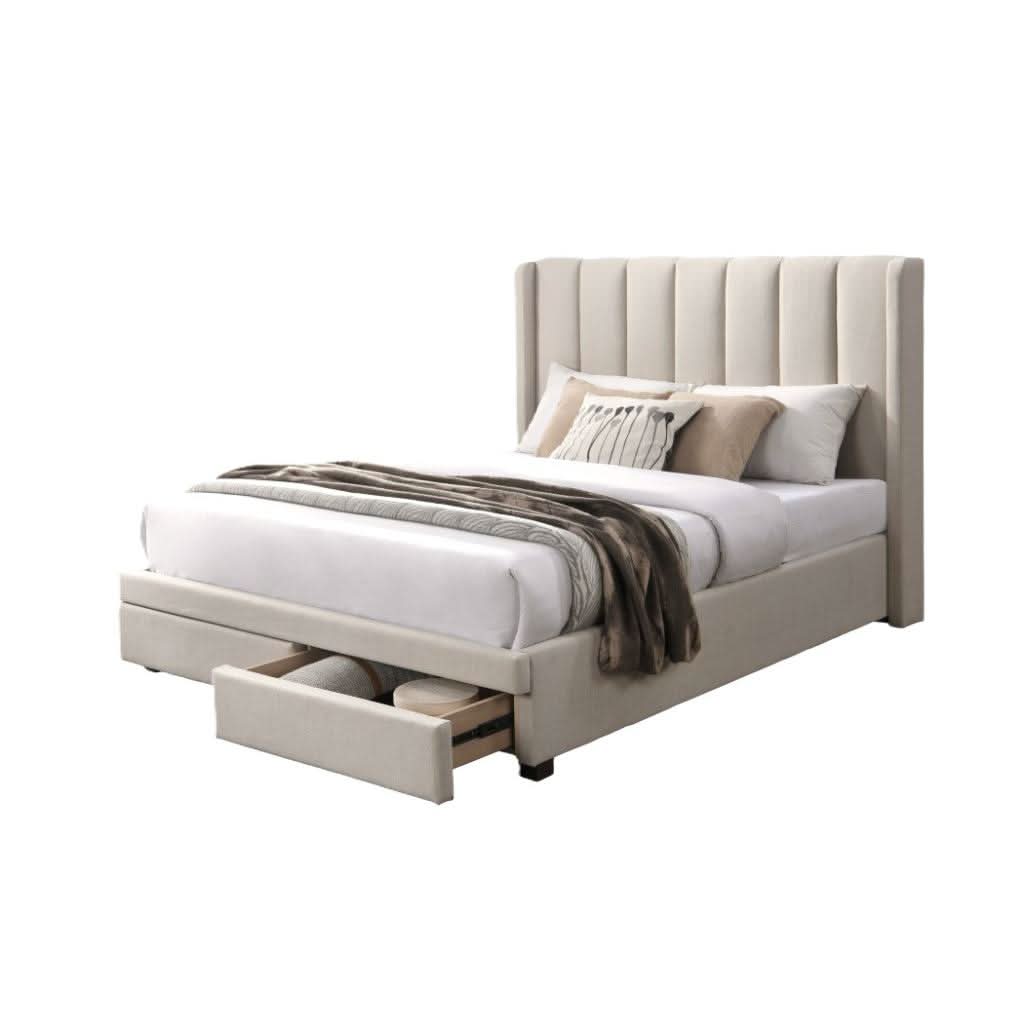 SURRI FABRIC KING BED 2 DRAWERS IN BEIGE - MyChocolateWood