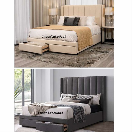 SURRI FABRIC QUEEN BED 2 DRAWERS IN LICORICE