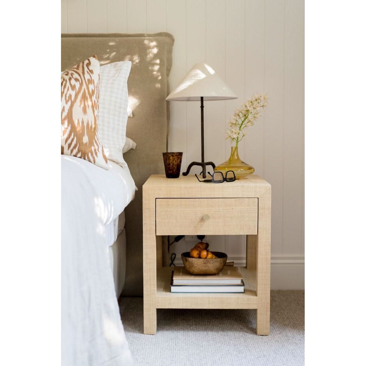 SWANN MAHOGANY FRAME RAFFIA 1 DRAWER BEDSIDE TABLE NIGHTSTAND - MyChocolateWood