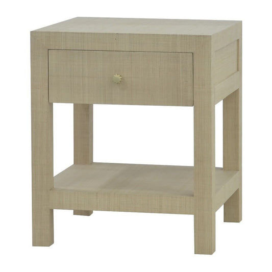 SWANN MAHOGANY FRAME RAFFIA 1 DRAWER BEDSIDE TABLE NIGHTSTAND