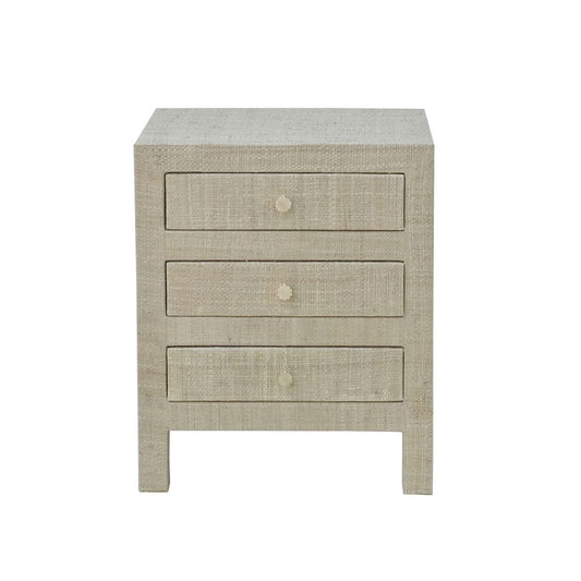 SWANN MAHOGANY FRAME RAFFIA 3 DRAWER BEDSIDE TABLE NIGHTSTAND END TABLE