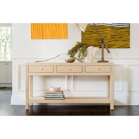 SWANN MAHOGANY FRAME RAFFIA WRAPPED HALL TABLE/CONSOLE TABLE 3 DRAWERS NATURAL - MyChocolateWood