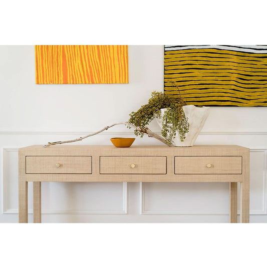 SWANN MAHOGANY FRAME RAFFIA WRAPPED HALL TABLE/CONSOLE TABLE 3 DRAWERS NATURAL