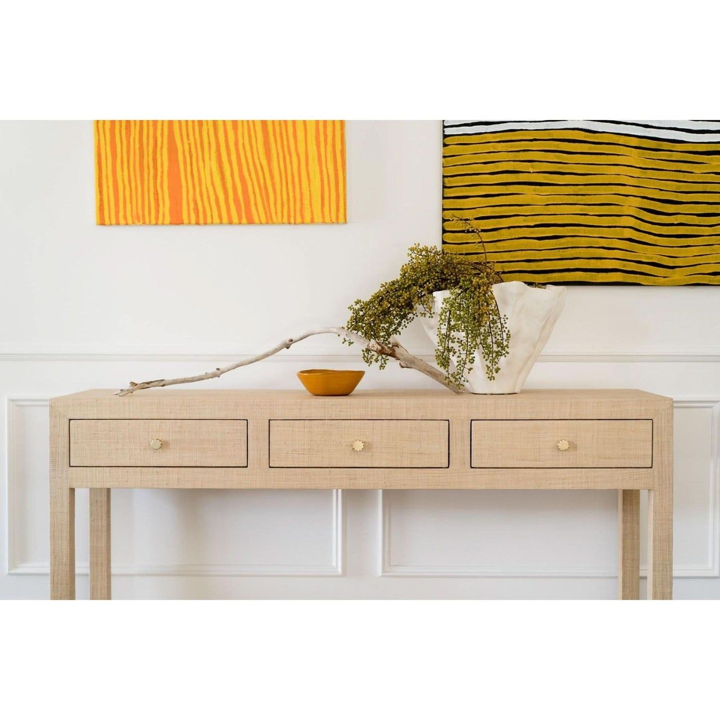 SWANN MAHOGANY FRAME RAFFIA WRAPPED HALL TABLE/CONSOLE TABLE 3 DRAWERS NATURAL - MyChocolateWood
