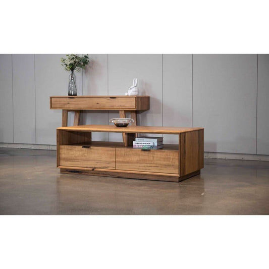 Tamworth solid Marri wood coffee table with two drawers in natural finish, crafted by MyChocolateWood.