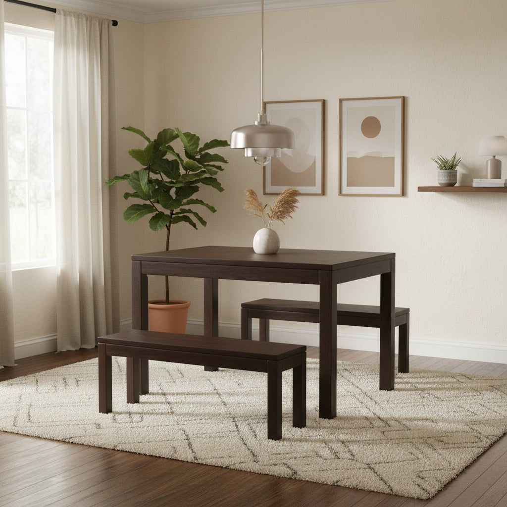 Tanaka Solid Mahogany Dining Table + 2 Benches, 180cm in Chocolate - Chocolate Wood