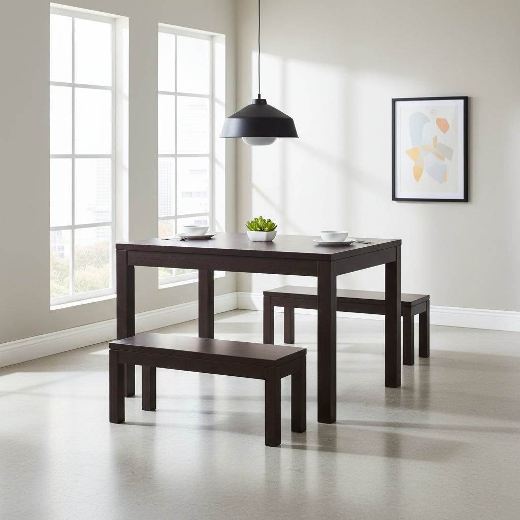 Tanaka Solid Mahogany Dining Table + 2 Benches, 180cm in Chocolate - Chocolate Wood