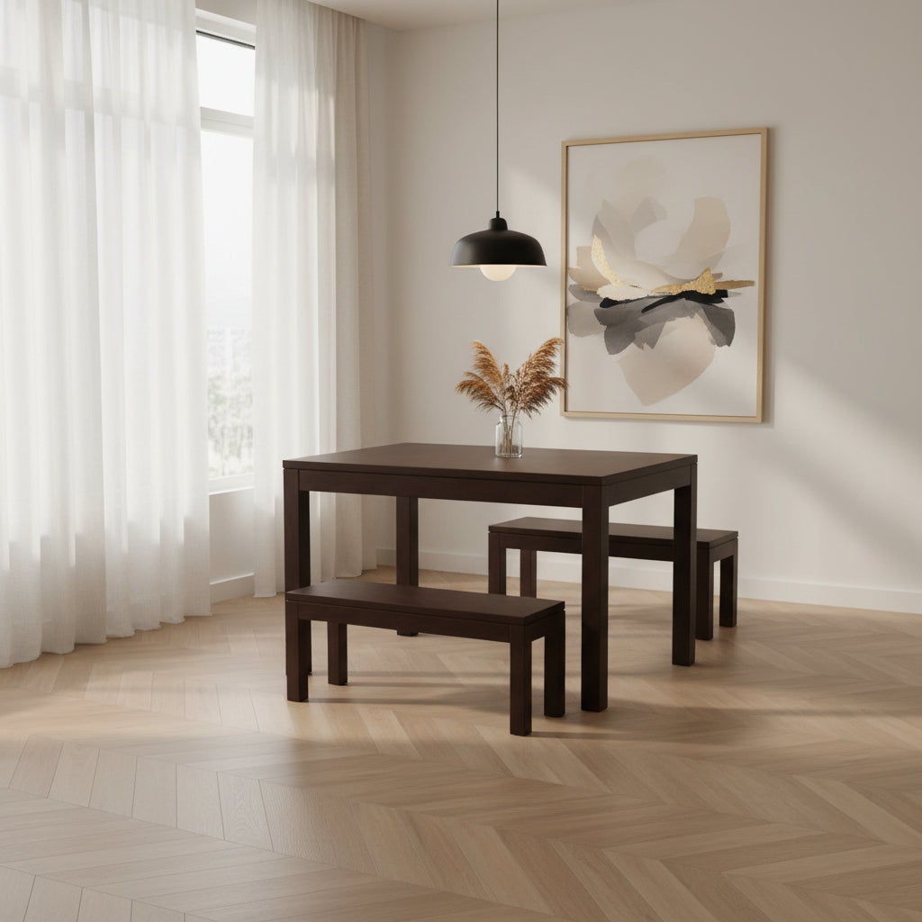 Tanaka Solid Mahogany Dining Table + 2 Benches, 180cm in Chocolate - Chocolate Wood