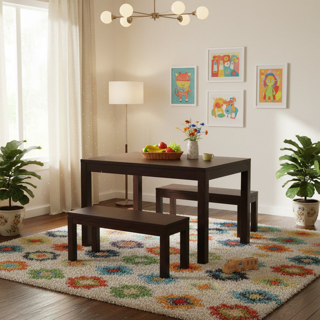 Tanaka Solid Mahogany Dining Table + 2 Benches, 180cm in Chocolate - Chocolate Wood