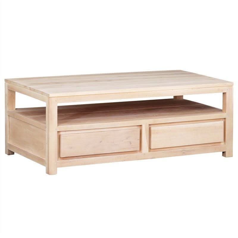 Tanaka Solid Mahogany Coffee Table 120cm with 4 Drawers in White Wash - Chocolate Wood