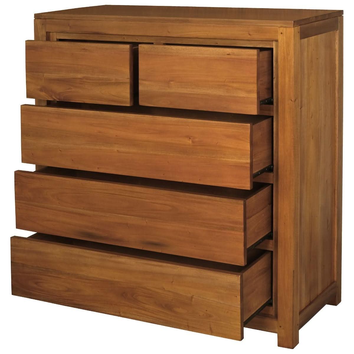 Tanaka 5 Drawer Tallboy / Chest of 5 Drawers in Light Pecan - Chocolate Wood
