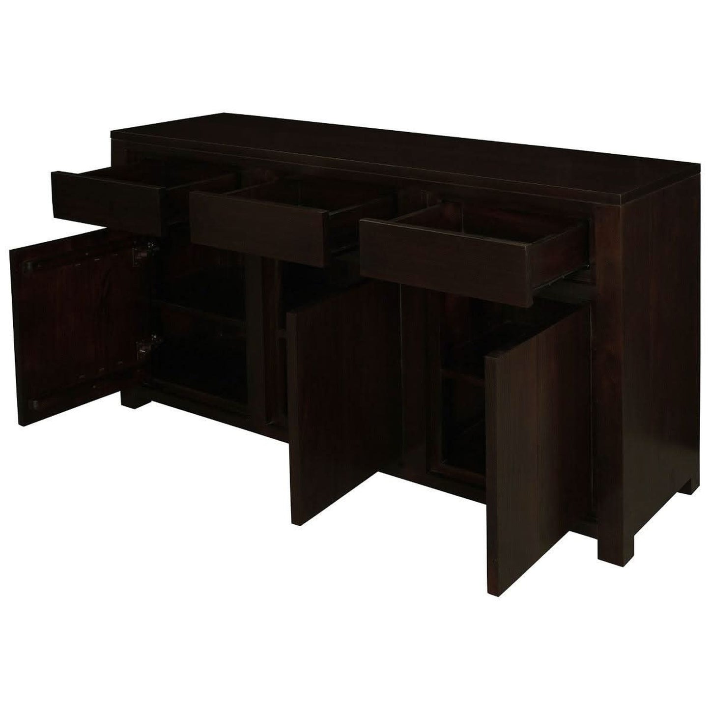 Tanaka Solid Mahogany 3-Door 3-Drawer Buffet in Chocolate open