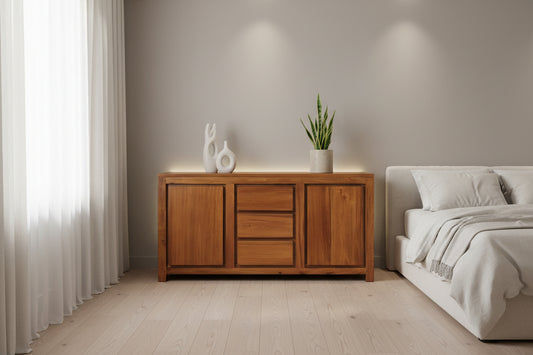 Tanaka Solid Mahogany Buffet 150cm with 2 Doors & 3 Drawers in Light Pecan - Chocolate Wood