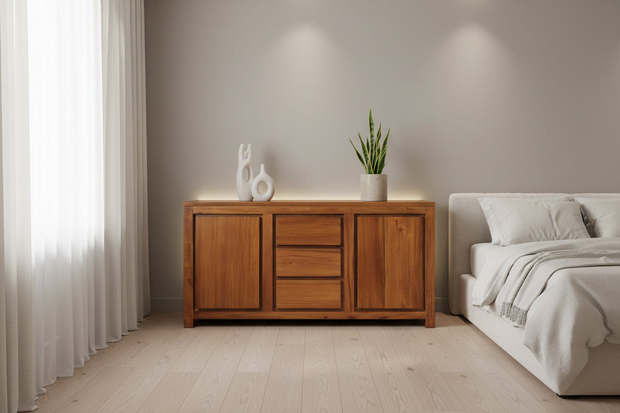 TANAKA SOLID MAHOGANY BUFFET WITH 2 DOORS & 3 DRAWERS IN LIGHT PECAN FINISH - MyChocolateWood