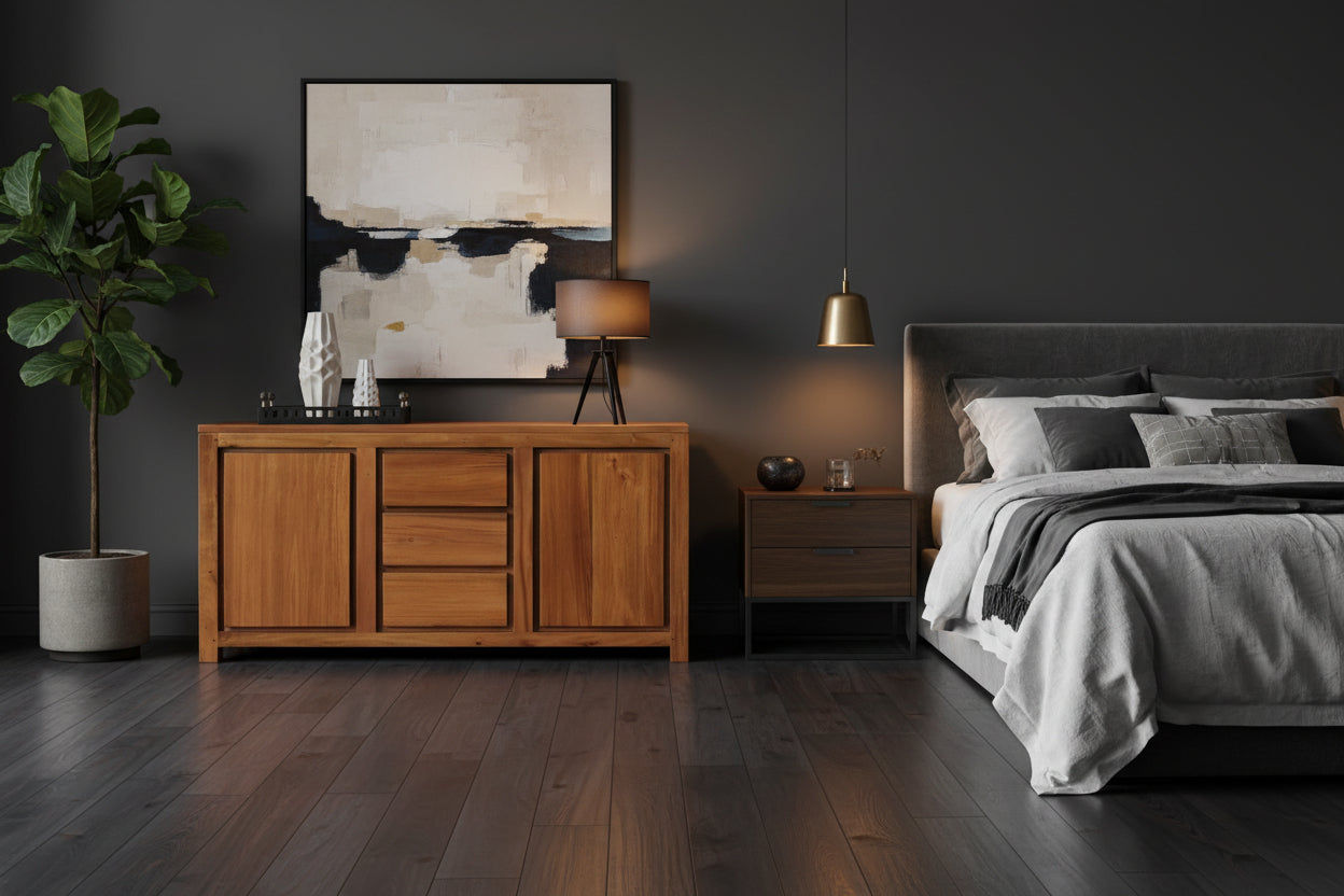 TANAKA SOLID MAHOGANY BUFFET WITH 2 DOORS & 3 DRAWERS IN LIGHT PECAN FINISH - MyChocolateWood