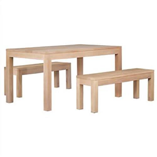 Tanaka Solid Mahogany Dining Table 150cm + 2 Benches in White Wash - Chocolate Wood