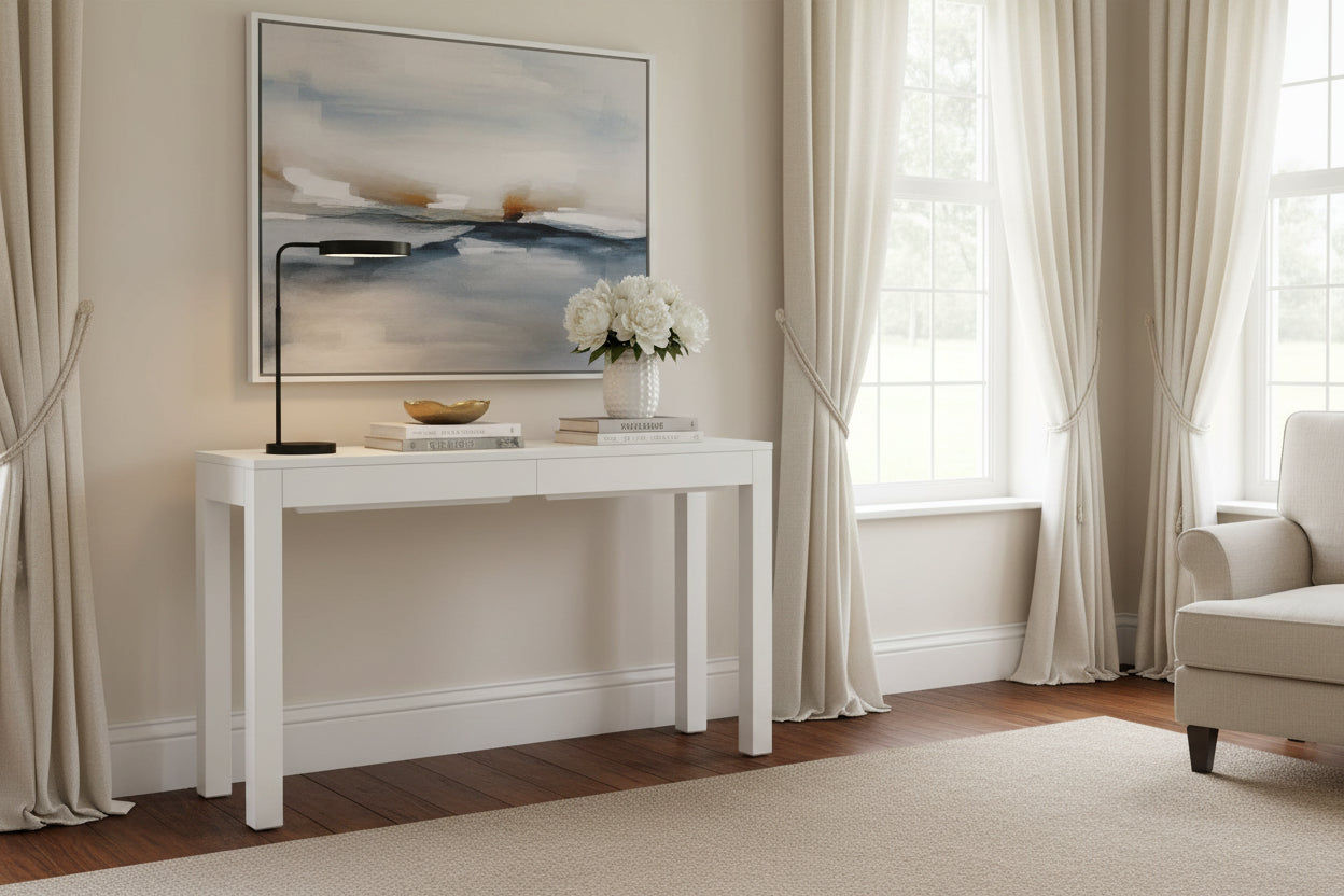 TANAKA SOLID MAHOGANY TIMBER CONSOLE TABLE/ HALL TABLE WITH 2 HIDDEN DRAWERS IN WHITE - MyChocolateWood
