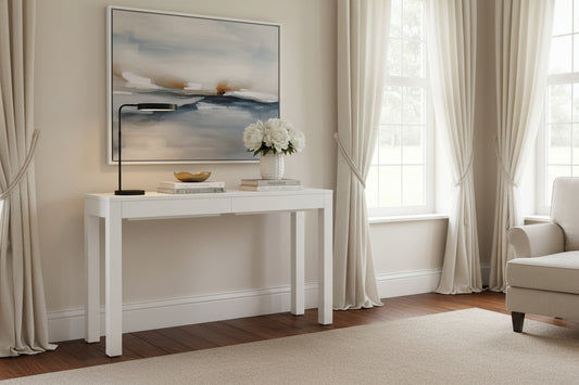 TANAKA SOLID MAHOGANY TIMBER CONSOLE TABLE/ HALL TABLE WITH 2 HIDDEN DRAWERS IN WHITE - MyChocolateWood