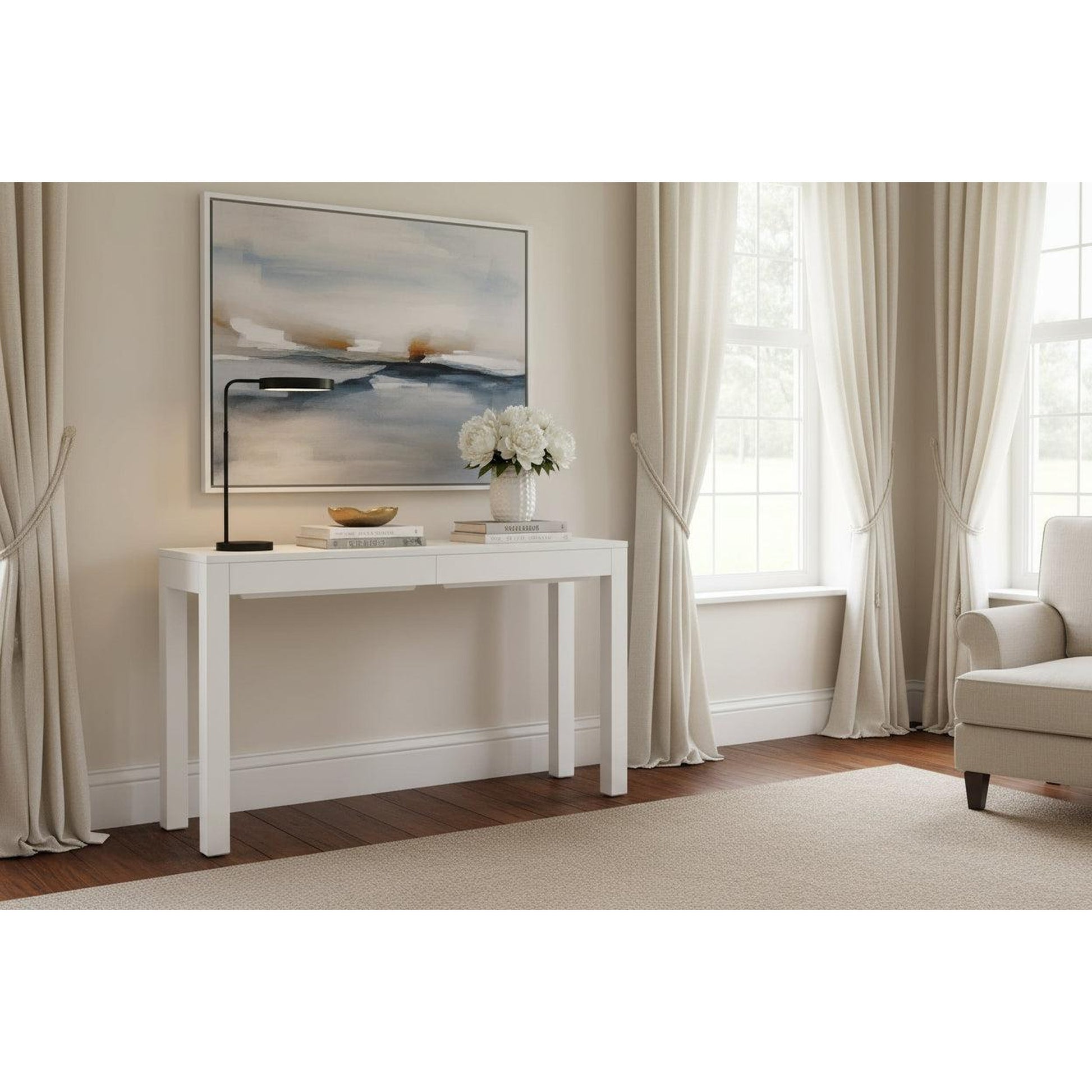 Tanaka Solid Mahogany Console Table with 2 Hidden Drawers in White