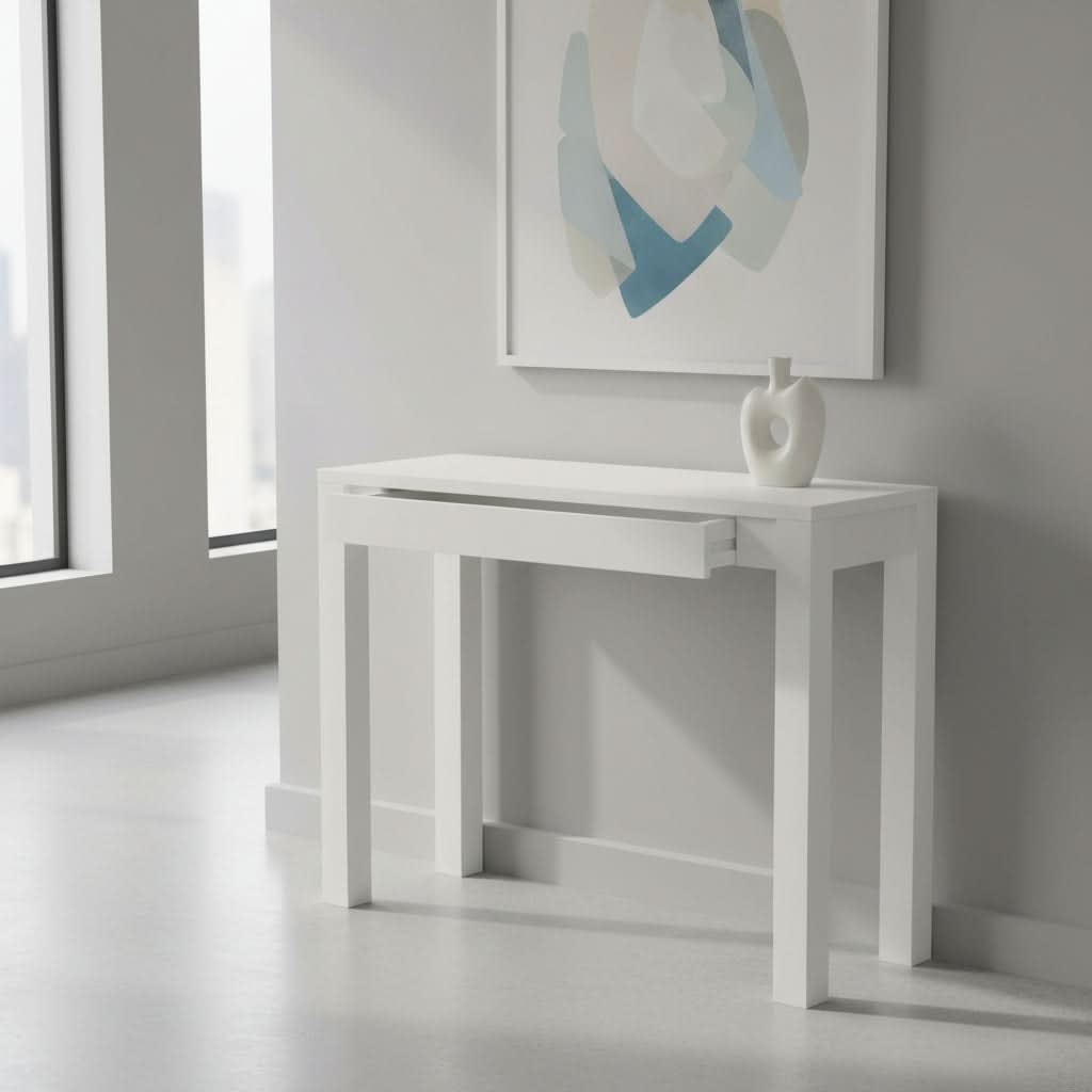 TANAKA SOLID MAHOGANY TIMBER CONSOLE TABLE WITH 1 HIDDEN DRAWER  IN WHITE 90CM - MyChocolateWood
