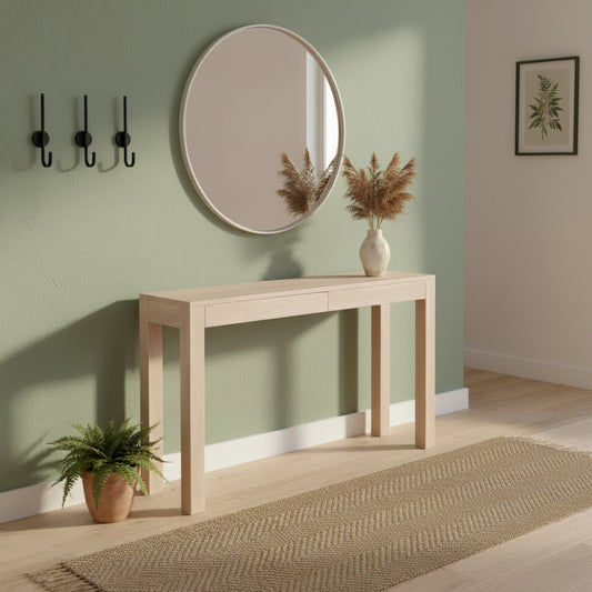 TANAKA SOLID MAHOGANY TIMBER CONSOLE TABLE WITH 2 HIDDEN DRAWERS IN WHITE WASH - MyChocolateWood