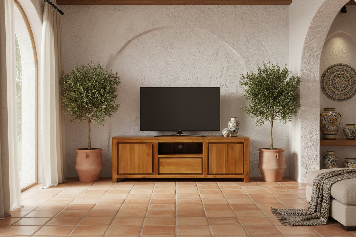 Tanaka Solid Mahogany TV Unit 160cm with 2 Doors & 1 Drawer in Light Pecan - Chocolate Wood