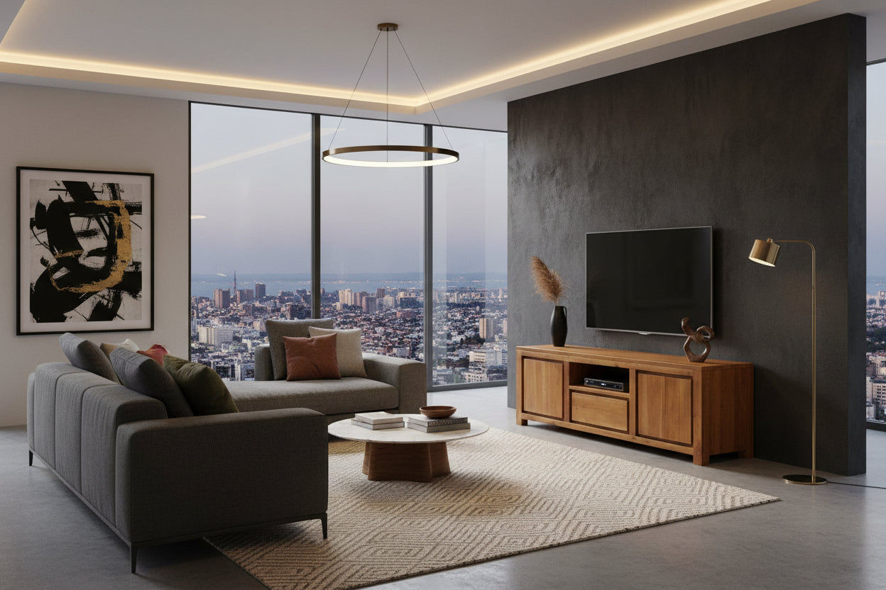 Tanaka Solid Mahogany TV Unit 160cm with 2 Doors & 1 Drawer in Light Pecan - Chocolate Wood