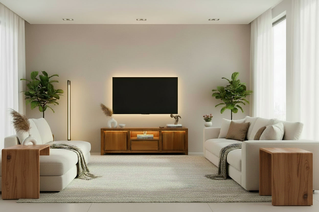Tanaka Solid Mahogany TV Unit 160cm with 2 Doors & 1 Drawer in Light Pecan - Chocolate Wood