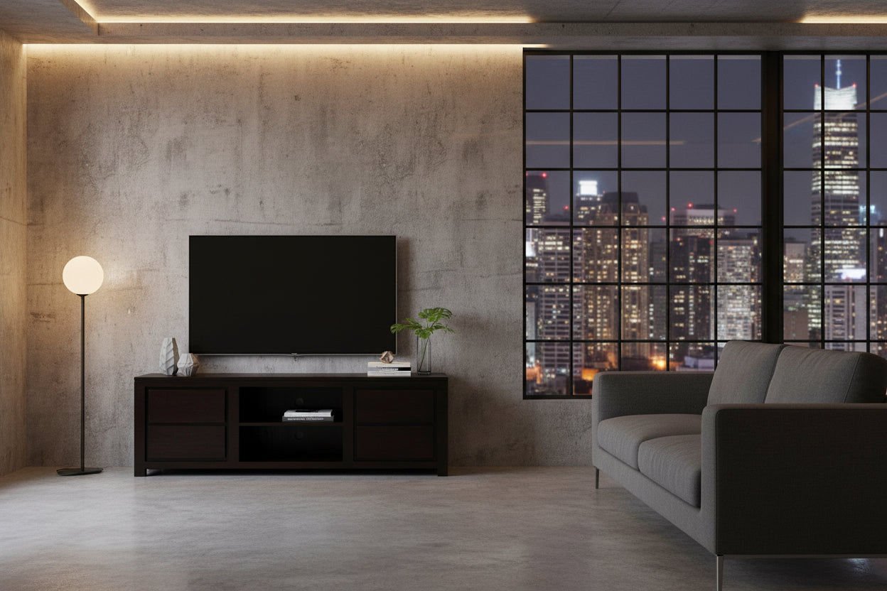 TANAKA SOLID MAHOGANY TV UNIT WITH 4 DRAWERS & 2 SHELVES IN CHOCOLATE 170CM - MyChocolateWood