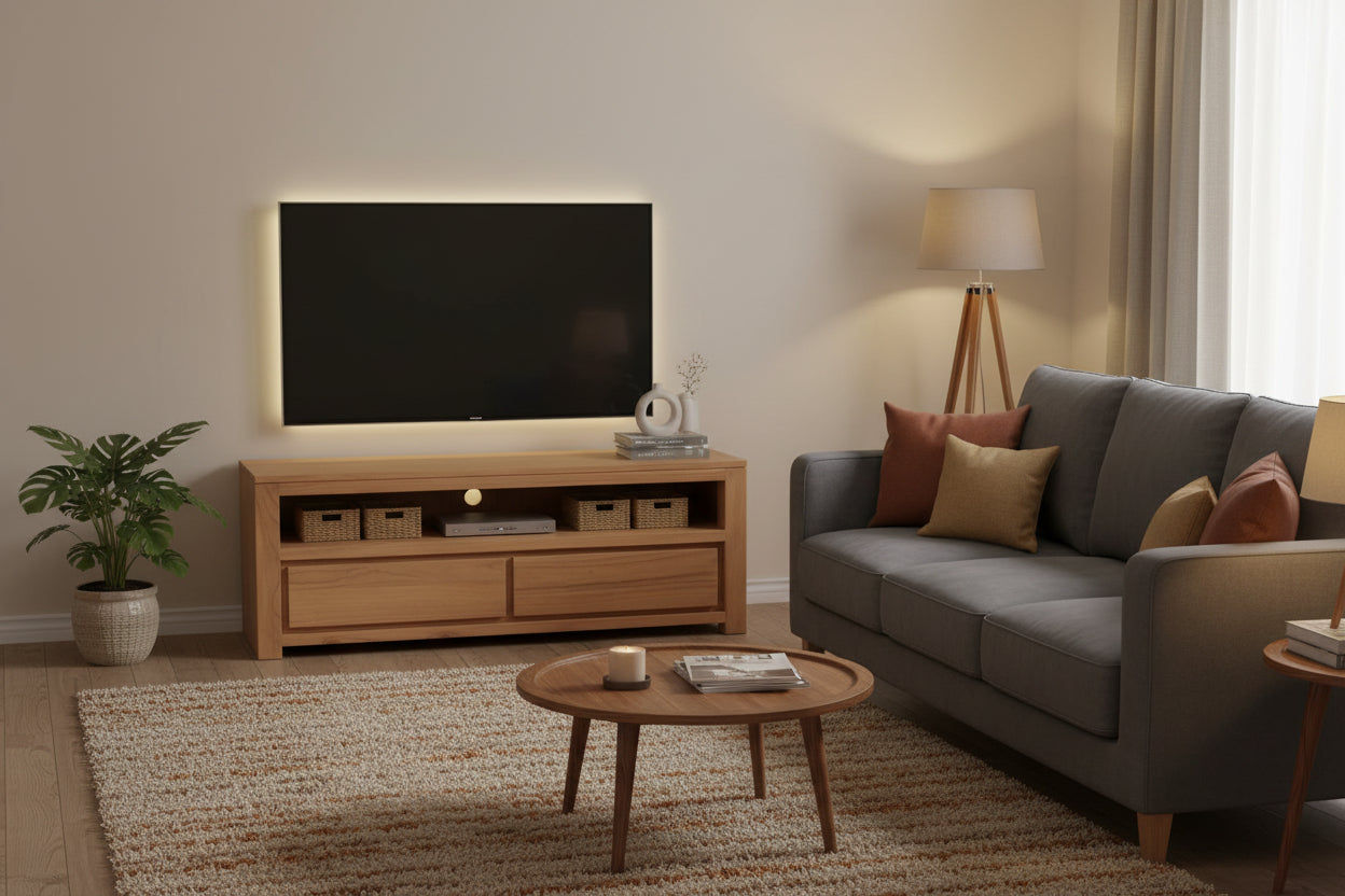 TANAKA SOLID MINDI WOOD 120CM TV UNIT WITH 2 DRAWERS IN NATURAL - MyChocolateWood