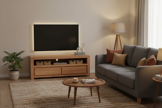 TANAKA SOLID MINDI WOOD 120CM TV UNIT WITH 2 DRAWERS IN NATURAL - MyChocolateWood