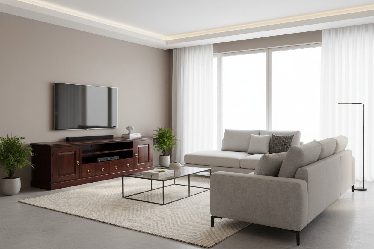 Tasmania Solid Mahogany 2 Door 4 Drawer TV / Entertainment Unit, 200cm in Mahogany - Chocolate Wood