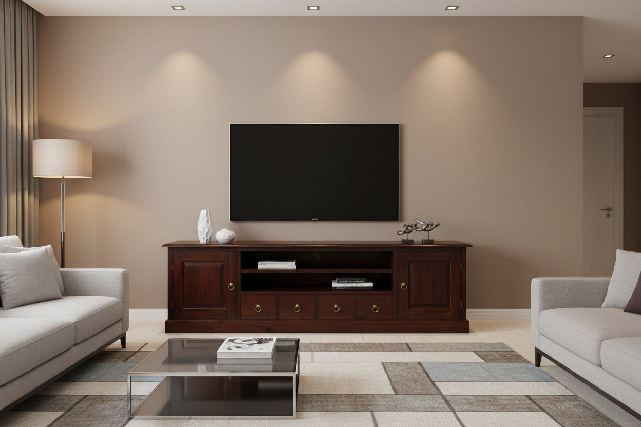 Tasmania Solid Mahogany 2 Door 4 Drawer TV / Entertainment Unit, 200cm in Mahogany - Chocolate Wood
