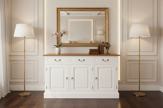 TASMANIA SOLID MAHOGANY 3 DOOR 3 DRAWER BUFFET WITH CARAMEL TOP & WHITE BODY - MyChocolateWood