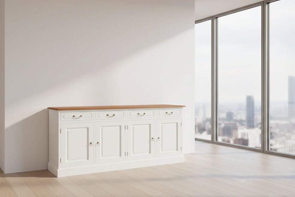 TASMANIA SOLID MAHOGANY BUFFET/SIDEBOARD 4 DOORS & 4 DRAWERS WHITE BODYWITH A CARAMEL TOP & WHITE BODY - MyChocolateWood