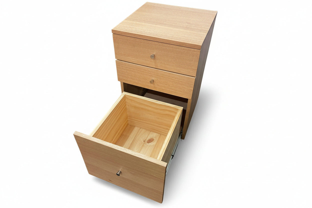 TELMA TASSIE OAK SMALL FILING CABINET IN CLEAR LACQUER ON WHEELS - MyChocolateWood