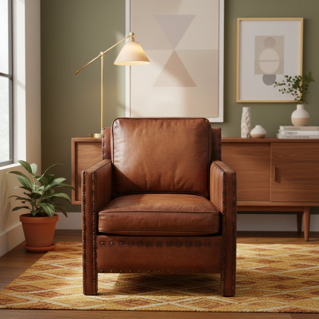 TEXAS CHAIR IN 'OLD SADDLE' TOP GRAIN CARAMEL LEATHER AND BRASS STUD TRIM - MyChocolateWood
