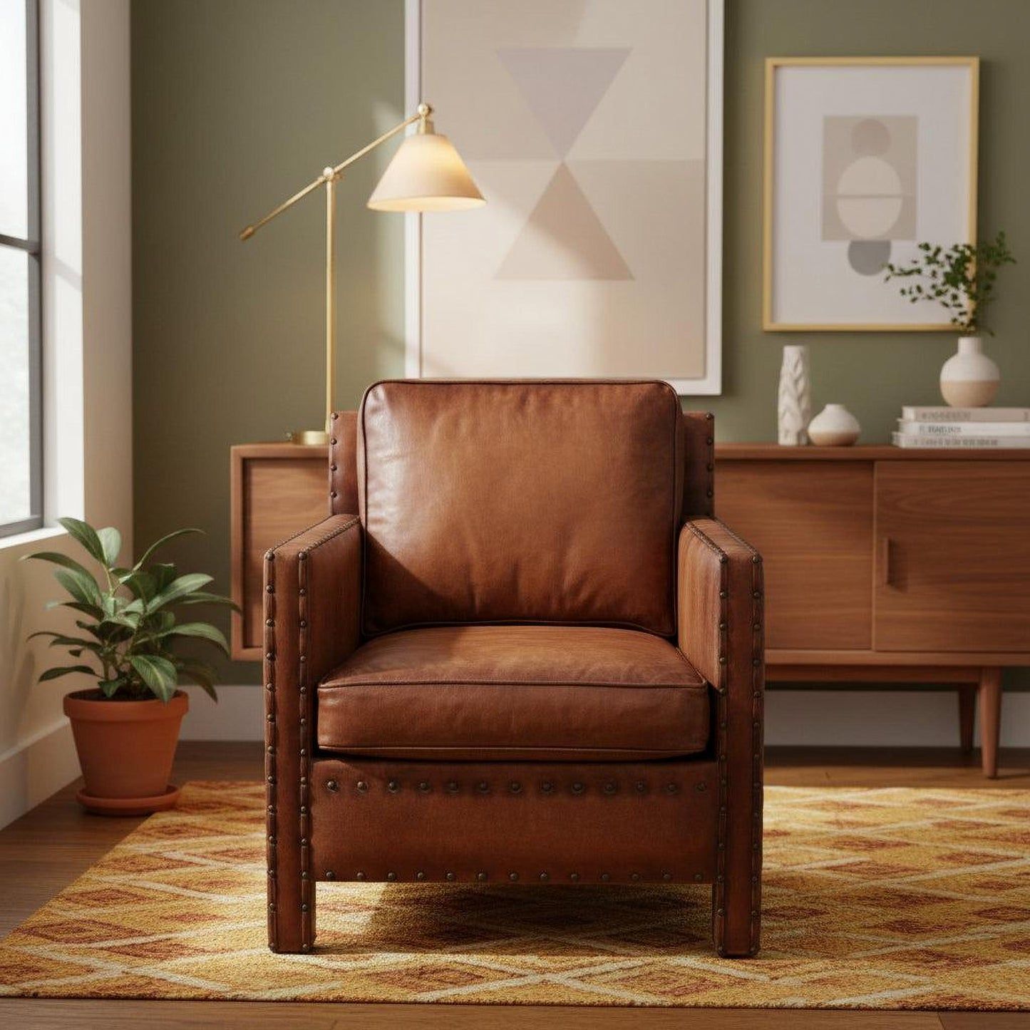 TEXAS CHAIR IN 'OLD SADDLE' TOP GRAIN CARAMEL LEATHER AND BRASS STUD TRIM - MyChocolateWood