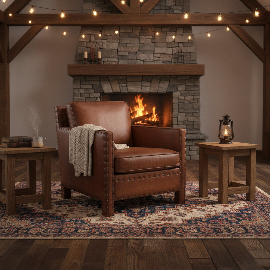 TEXAS CHAIR IN 'OLD SADDLE' TOP GRAIN CARAMEL LEATHER AND BRASS STUD TRIM - MyChocolateWood