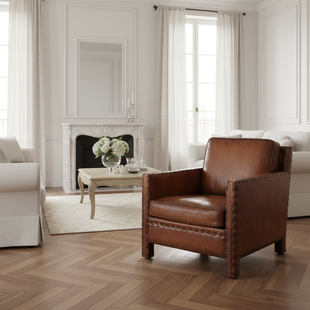 TEXAS CHAIR IN 'OLD SADDLE' TOP GRAIN CARAMEL LEATHER AND BRASS STUD TRIM - MyChocolateWood